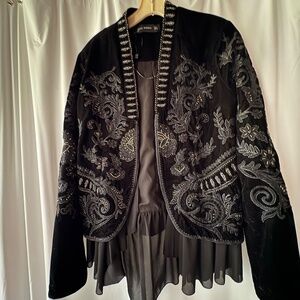 Zara Woman Embellished Velvet Embroidered Blazer Jacket Chiffon Dark Fairy Med.